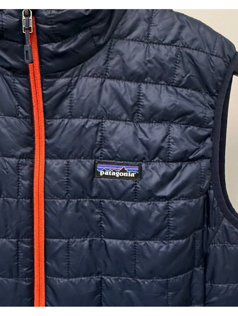 Patagonia Men’s Medium Full Zip Nano Puff Vest Navy Blue Orange Lining Jacket